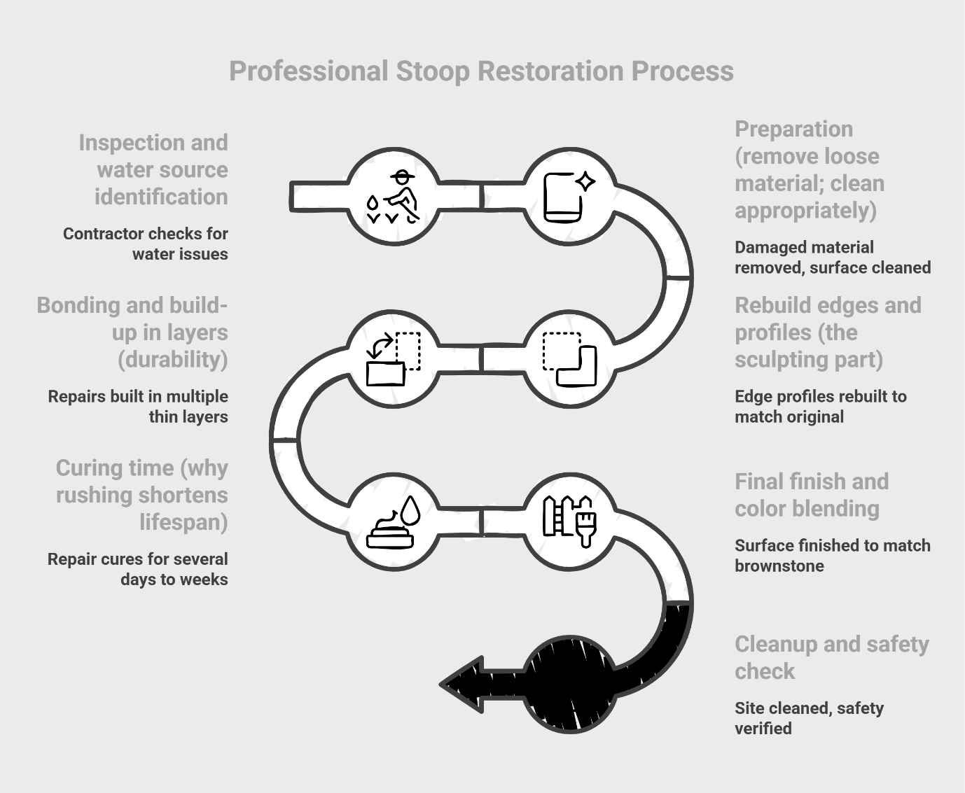 Professional stoop restoration process flowchart showing seven stages: inspection and water source identification, preparation and cleaning, edge rebuilding, bonding in layers, curing time, final finish and color blending, and cleanup with safety check.