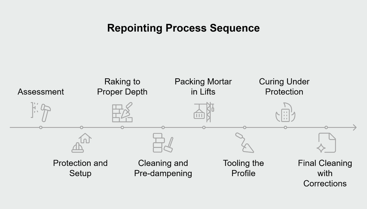 Flow infographic with eight numbered steps (assessment → protection → raking to depth → cleaning & pre-dampening → mortar lifts & compaction → tooling → curing under protection → final cleaning & punch-list).