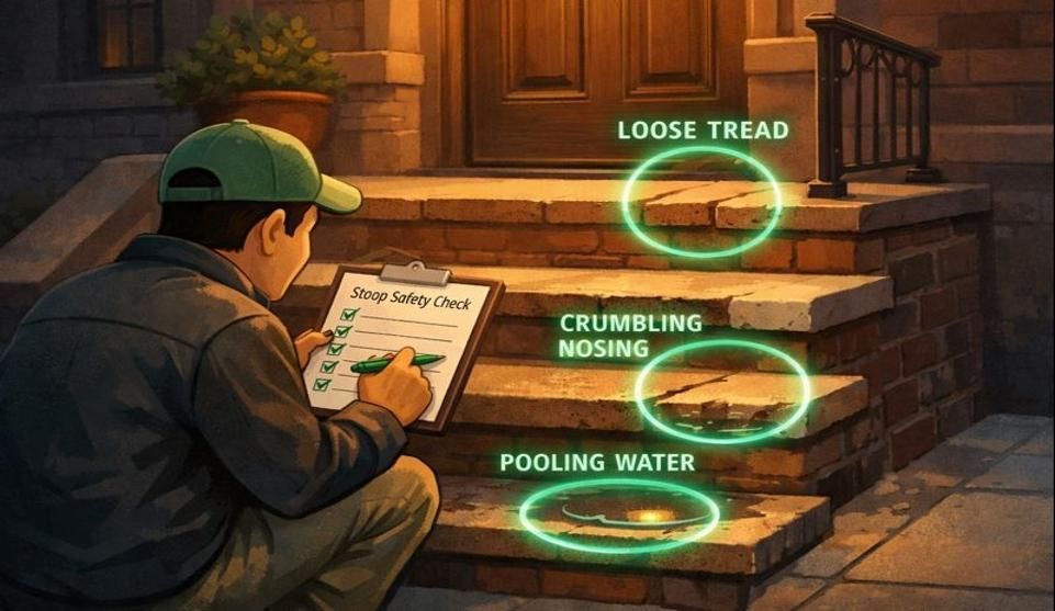 Stylized illustration of a brownstone stoop with checklist highlighting loose treads, crumbling edge