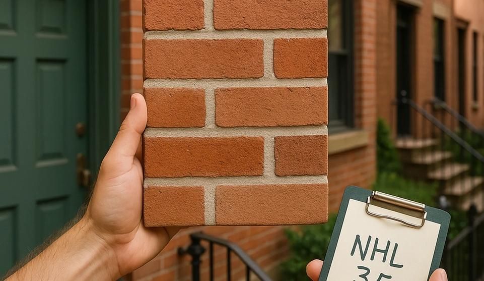 Hands holding a mortar test panel for color and texture matching during brick repointing.