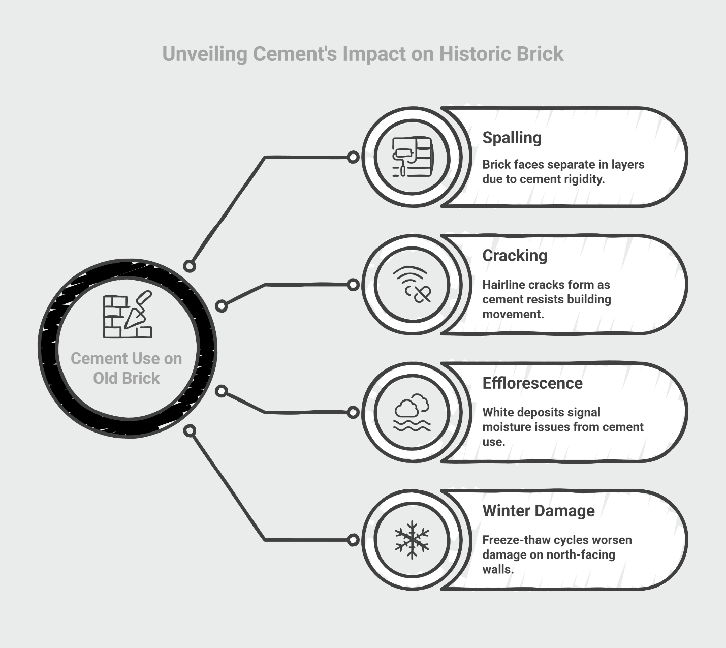 Diagram titled ‘Unveiling Cement’s Impact on Historic Brick’ showing how cement use on old brick leads to spalling, cracking, efflorescence, and winter freeze-thaw damage on historic masonry walls.