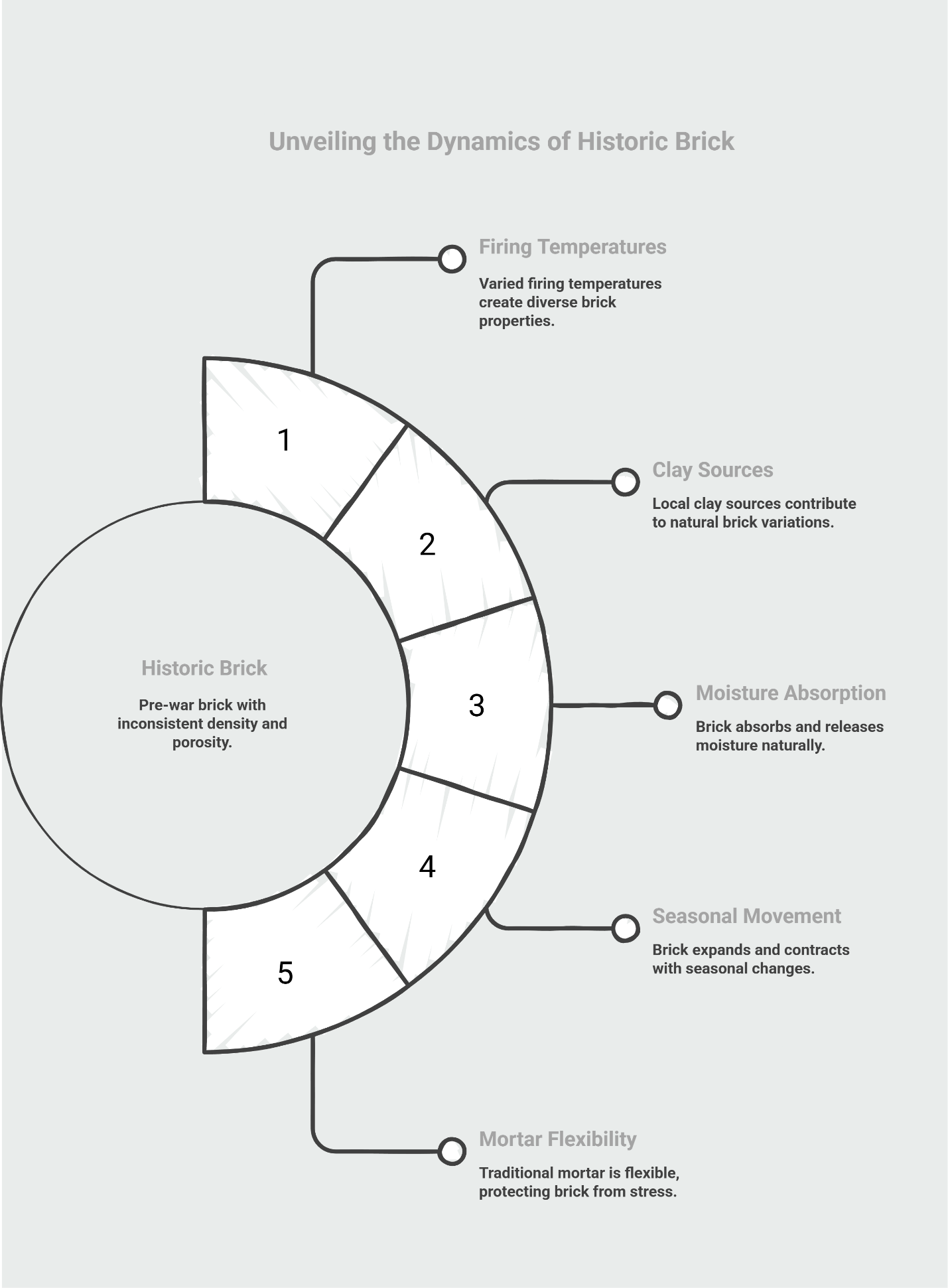 Infographic titled “Unveiling the Dynamics of Historic Brick” showing a circular diagram of pre-war brick with five factors—firing temperatures, clay sources, moisture absorption, seasonal movement, and mortar flexibility—affecting historic brick performance.