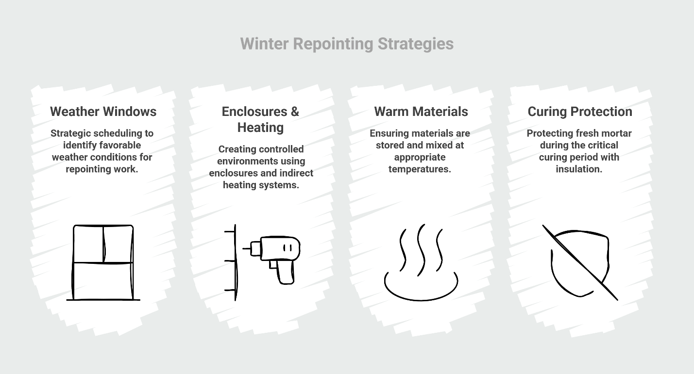 Infographic on winter repointing strategies: weather windows, enclosures and heating, warm materials, and curing protection for mortar work.