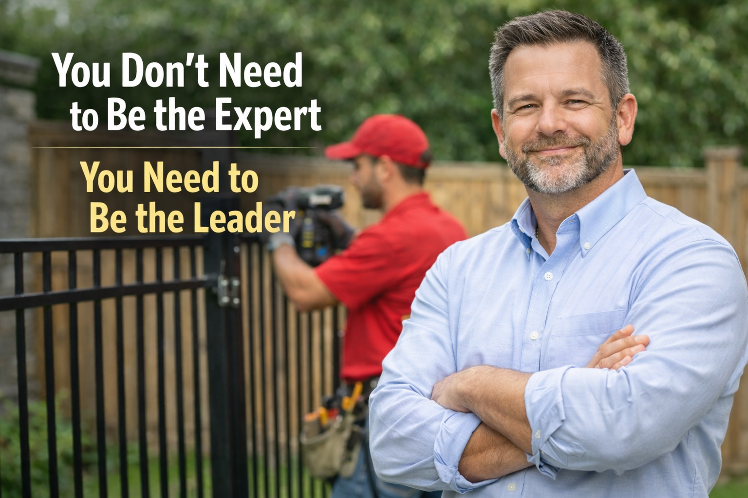 Man in blue shirt with arms crossed, smiling. Text: 
