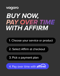 Advertisement: Vagaro, buy now, pay over time with Affirm. Steps: choose service, select Affirm, pick payment plan, and pay.