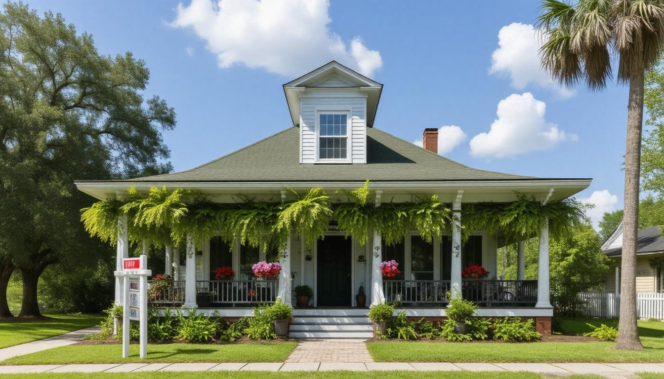 A house with a large porch and a for sale sign in front of it