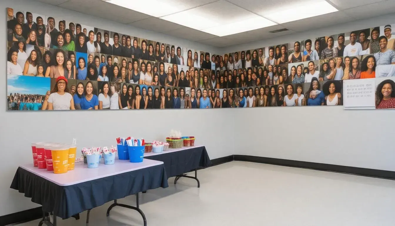A room with tables and a large collage of people on the wall