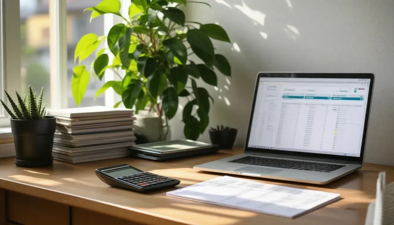 A laptop computer is sitting on a wooden desk next to a plant and a calculator.