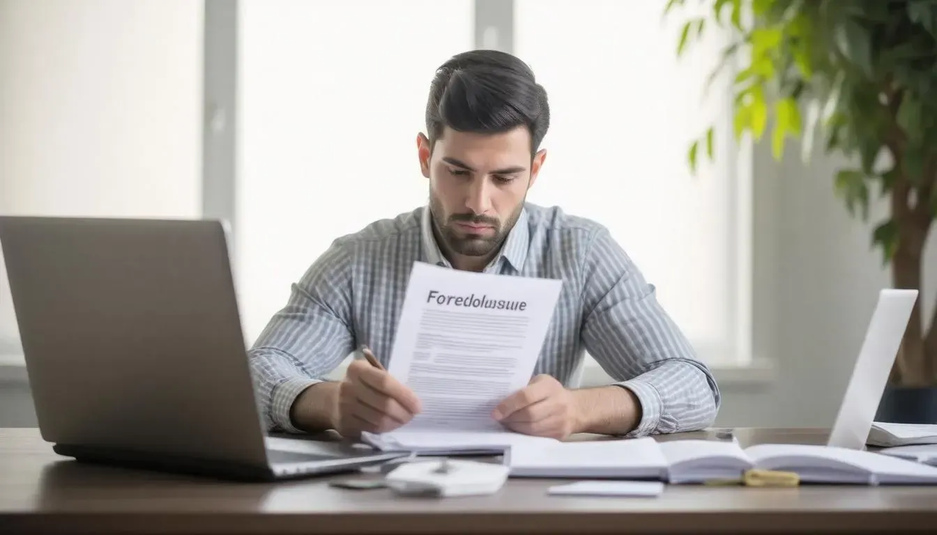 A man is sitting at a desk with a laptop and a piece of paper.