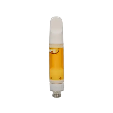 Vape cartridge with white mouthpiece, containing amber liquid.