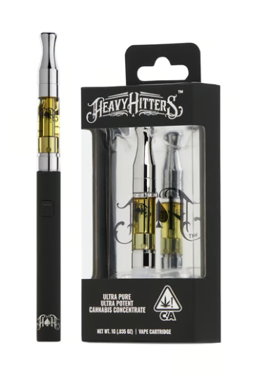 Black vape pen with a cartridge, next to a box containing a cartridge; product packaging: 