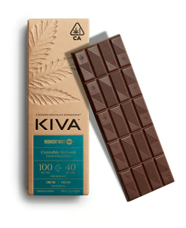 Kiva cannabis chocolate bar with open packaging, brown bar, and tan box.