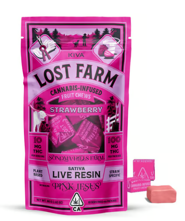 Pink bag of Kiva Lost Farm Strawberry cannabis-infused fruit chews, with individual chews visible.