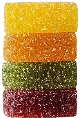 Stack of four sugar-coated fruit jelly candies: yellow, orange, green, and red-violet.