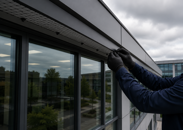 Person cleaning the exterior window frame of a modern building with a cloth