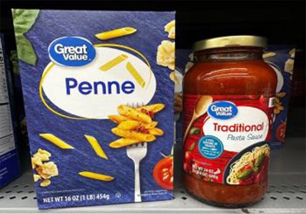 Penne pasta and pasta sauce.
