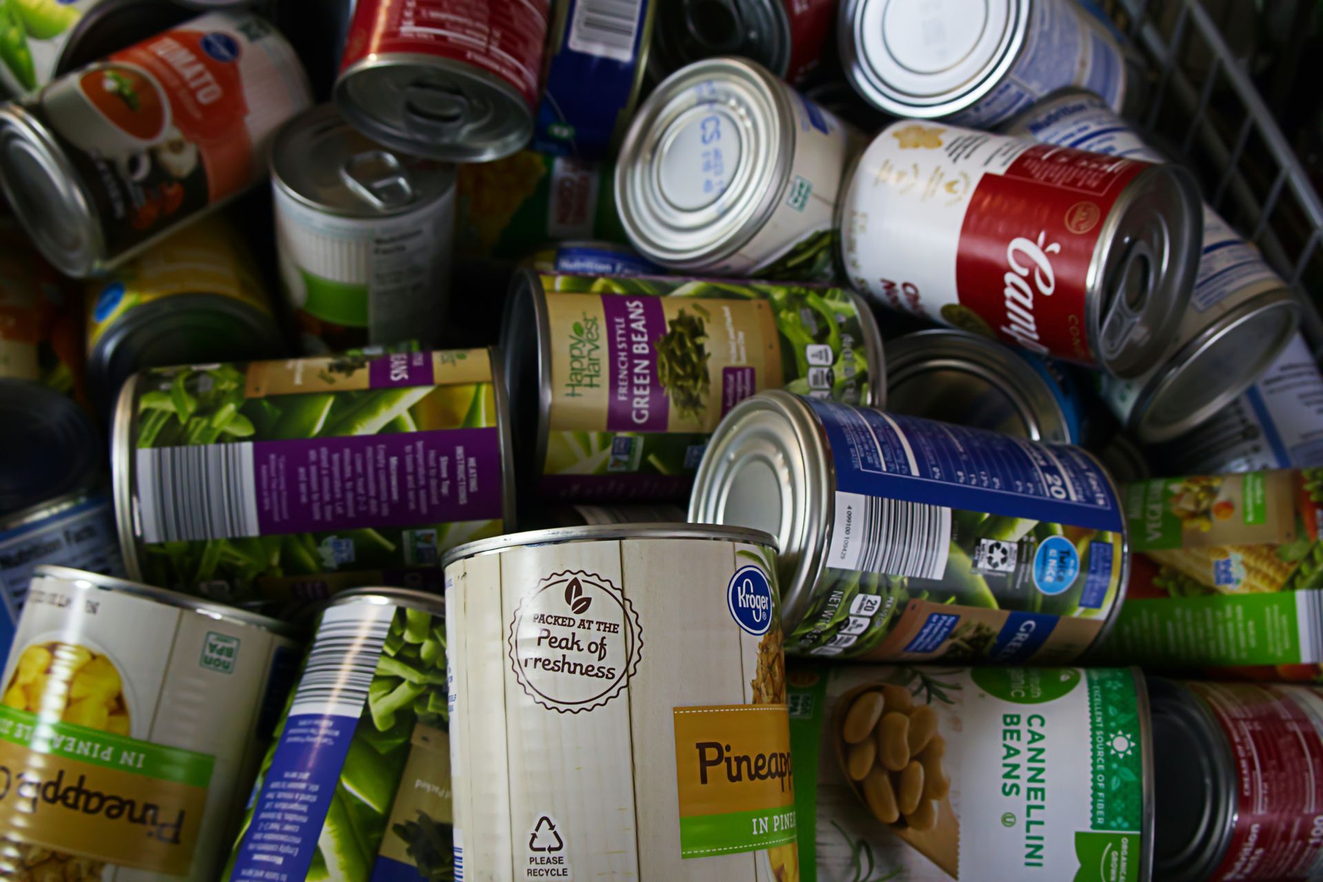Cans of vegetables and soup