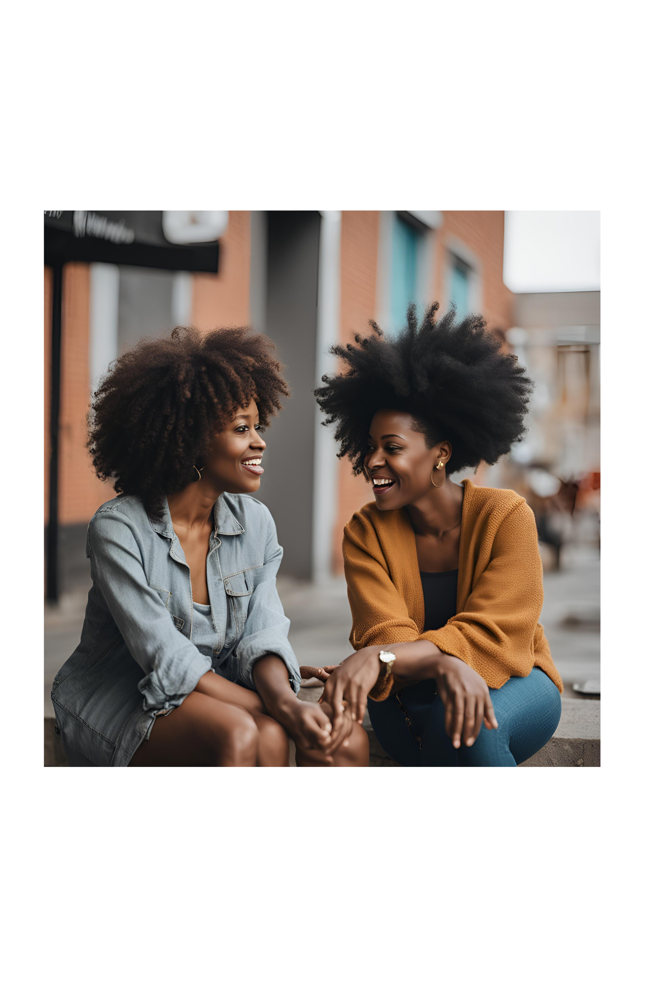 Two women are sitting on the sidewalk talking to each other.