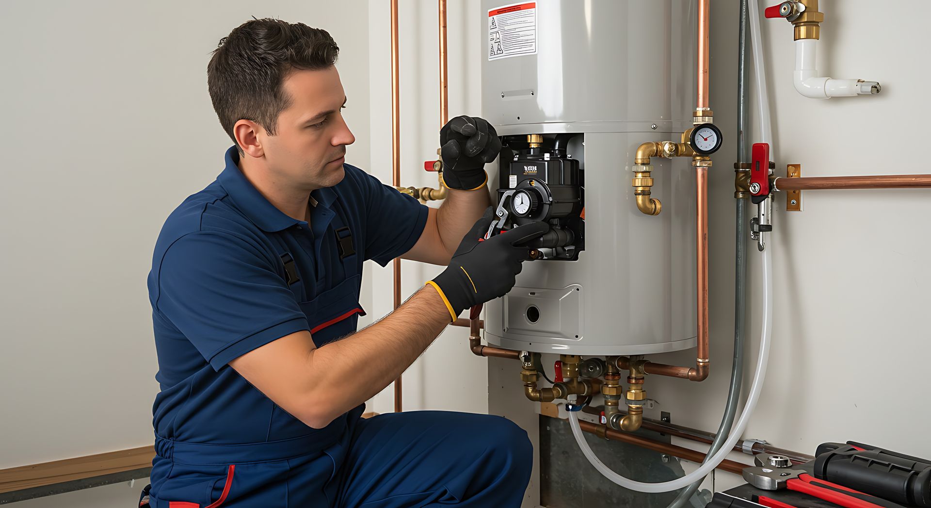 A plumber wearing gloves repairs a water heater in a utility room.
