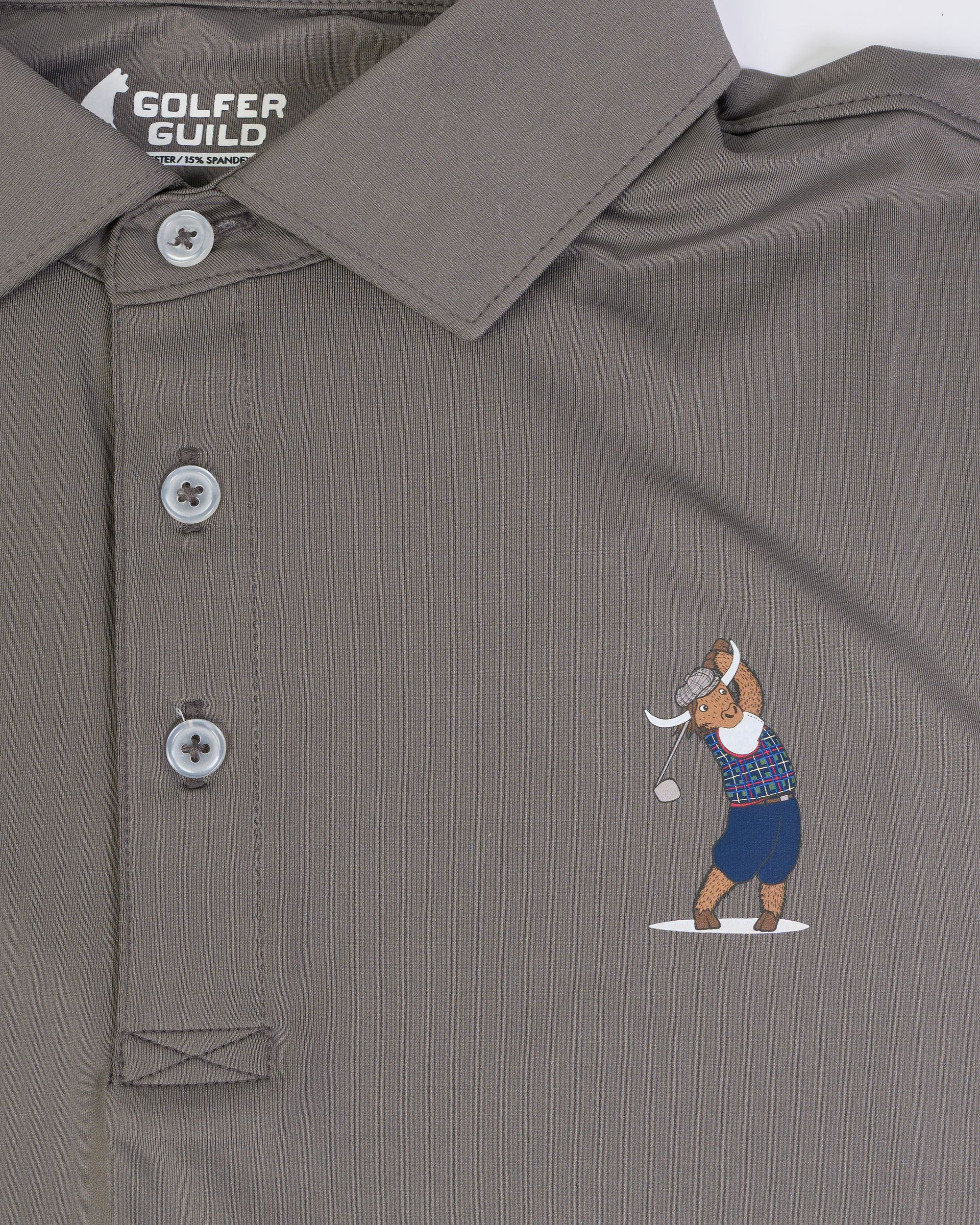 Golfer Guild performance polo with Tartan Swinger highland cow golfing animal artwork by Jonas Claesson