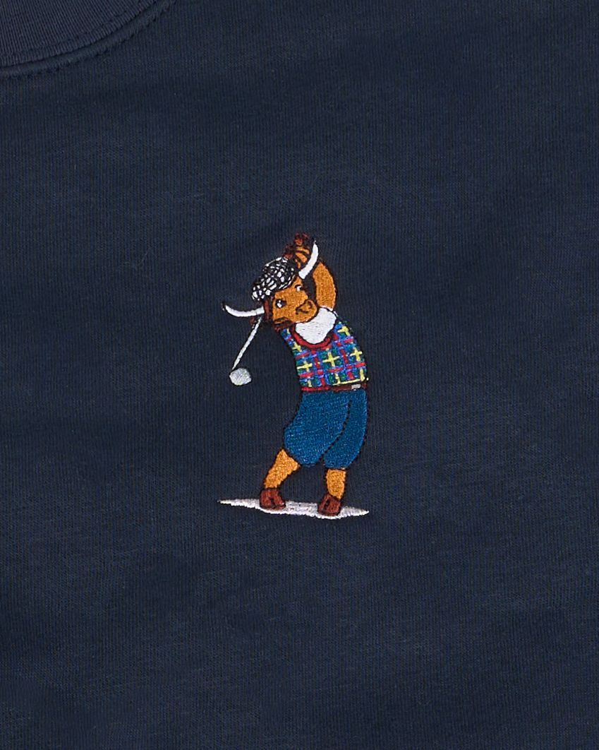 Golfer Guild Coziest Sweater featuring Jonas Claesson highland cow golfing animal artwork in soft cotton fleece