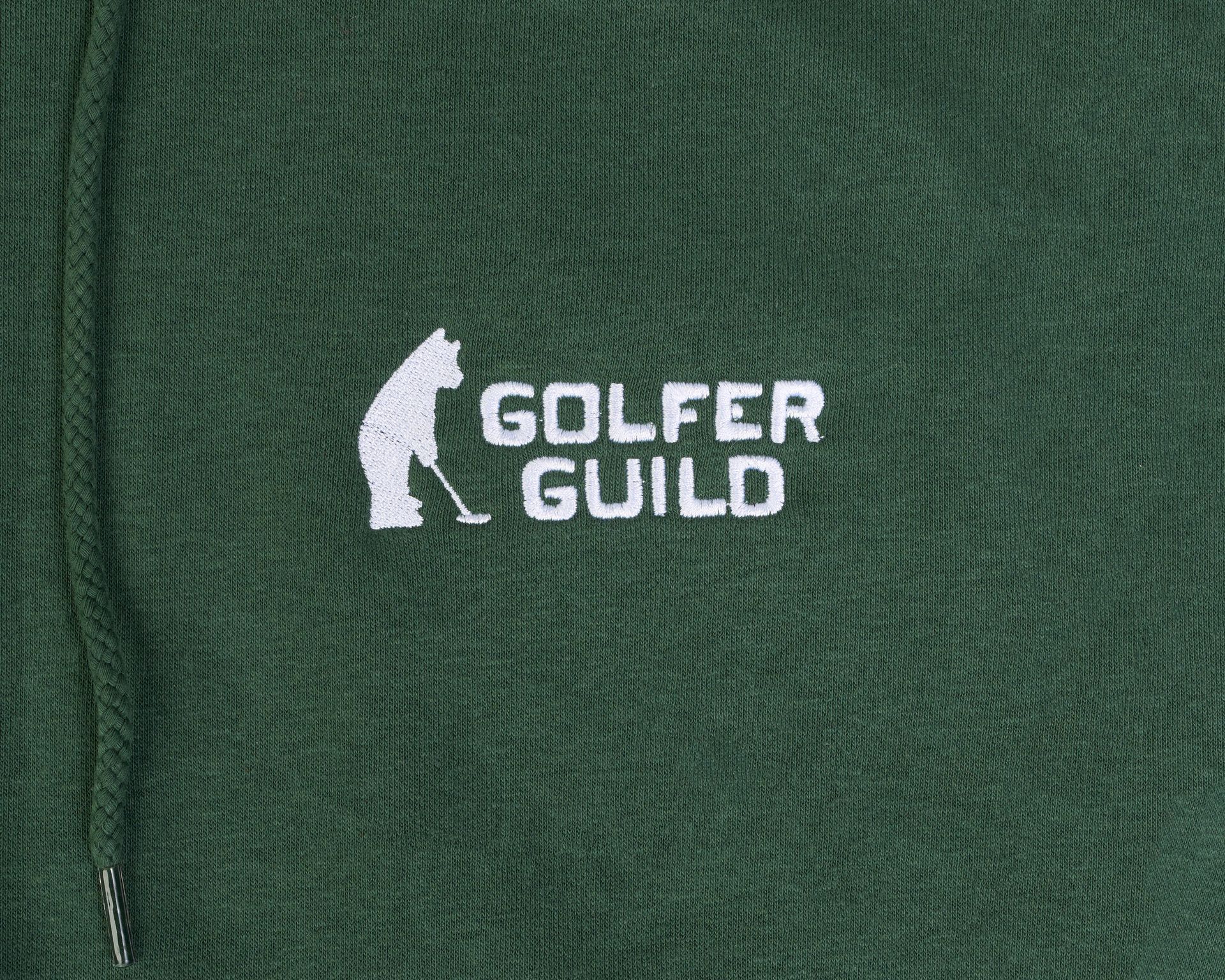 Golfer Guild Coziest Hoodie with Jonas Claesson golfing animal art, sustainable cotton fleece.  OEKO TEX certified.