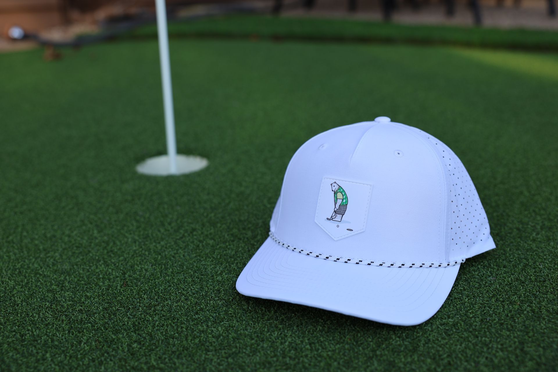 Golfer Guild Arctic Ace Performance Rope Hat with polar bear golfing animal art by Jonas Claesson