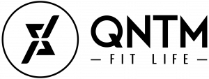 The logo for qntm fit life is black and white.