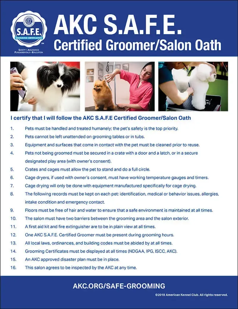 S.A.F.E  grooming certification Oath from the American Kennel Club