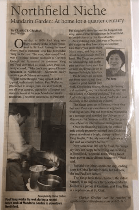A newspaper article about Northfield's Mandarin Garden Resturant