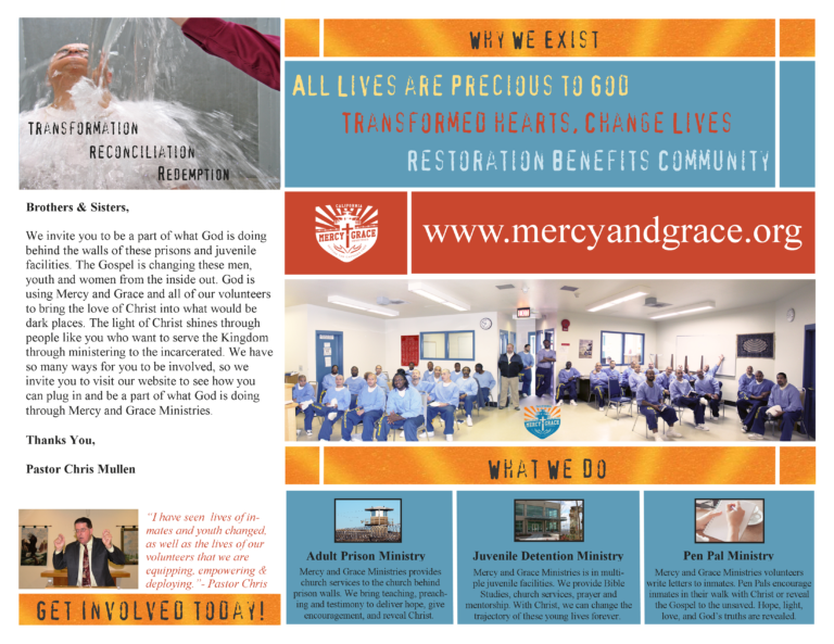 Flyer: Mercy and Grace Ministries. Text includes mission statement, website, and