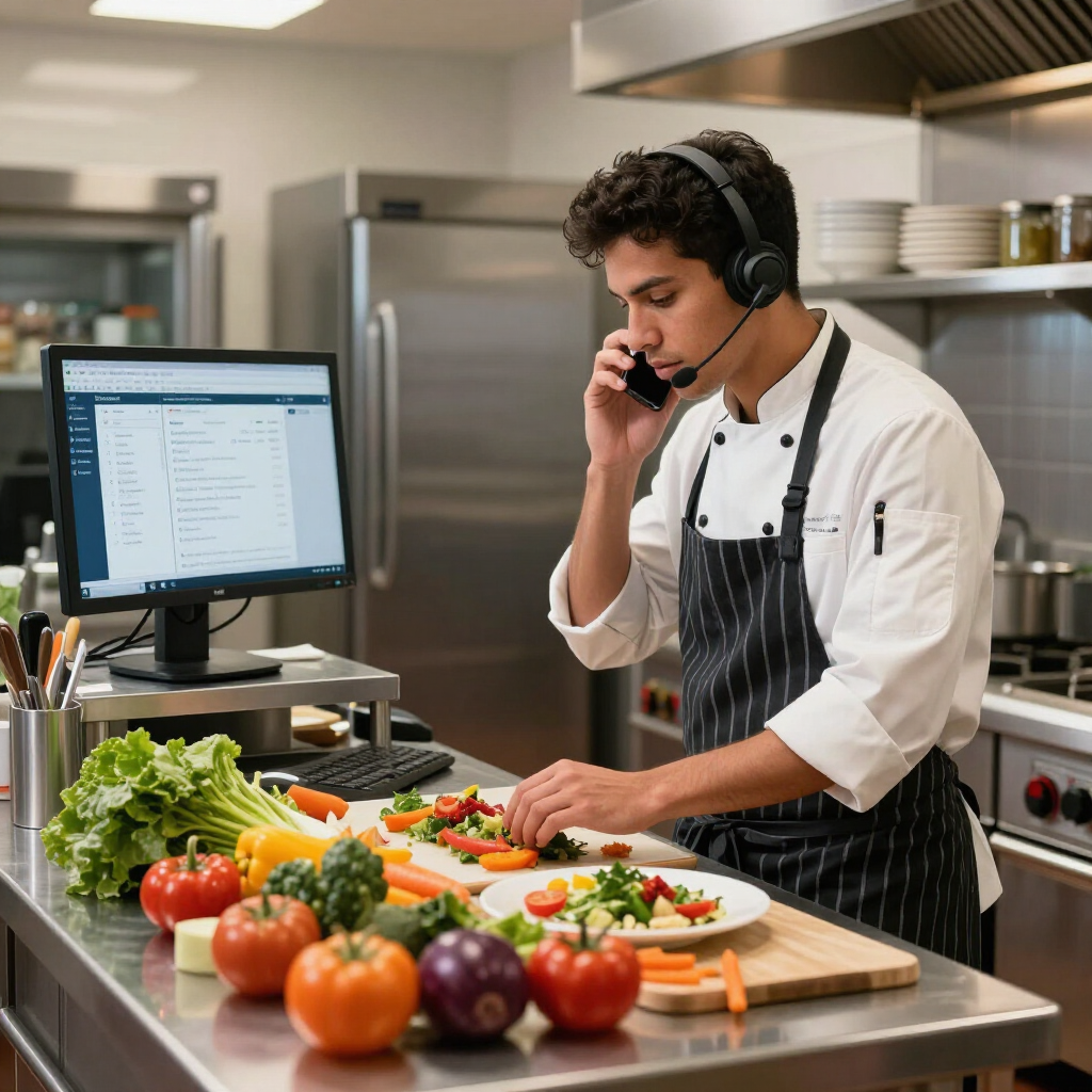 Chef in a commercial kitchen wearing a headset, holding a phone, prepping food, and working in front of a computer.