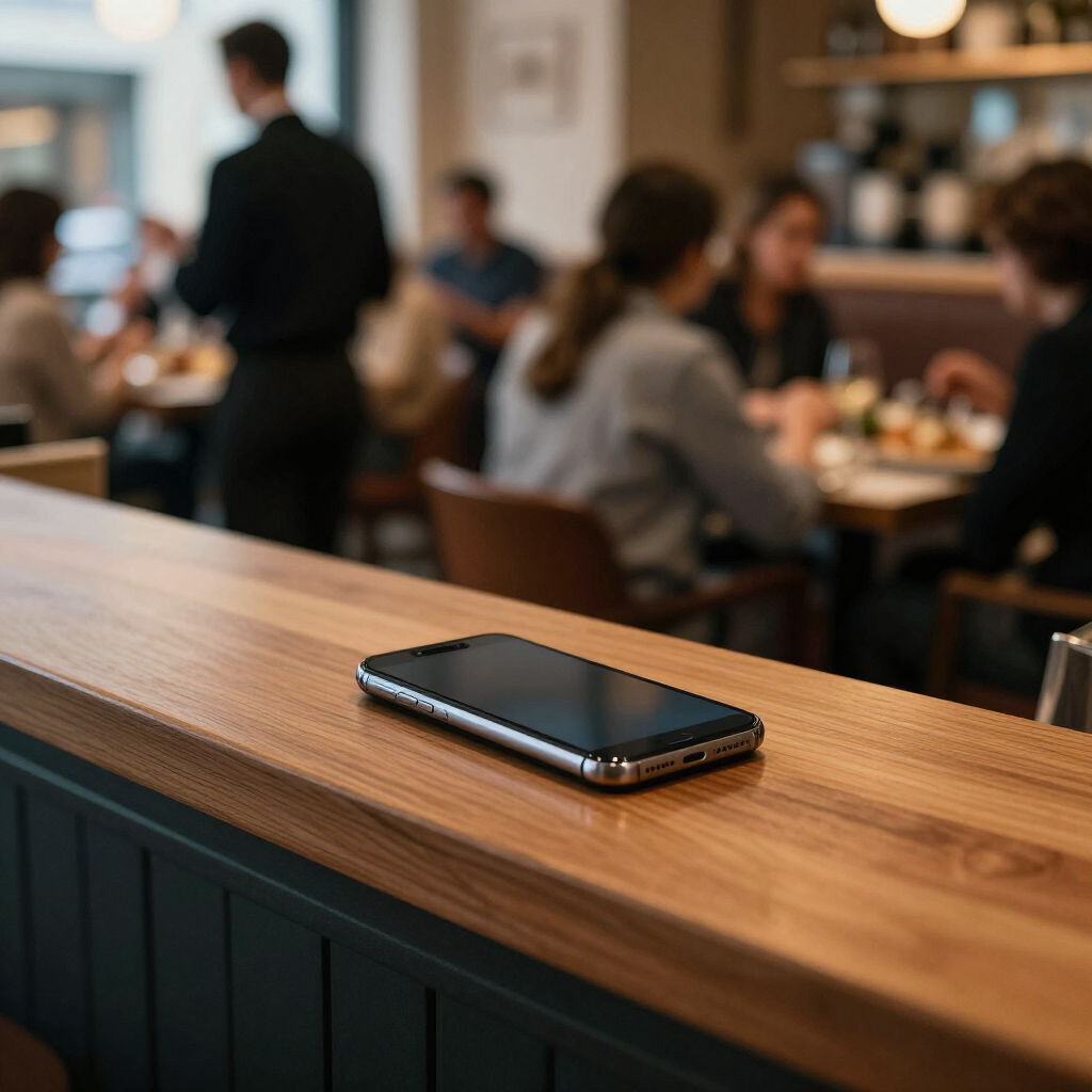 A phone sitting unattended on a restaurant host stand, a busy blurred dining room visible in the background.