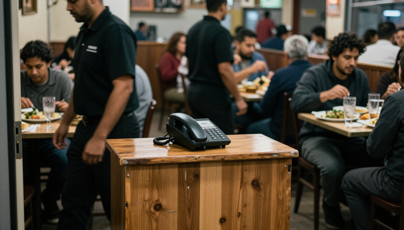 A ringing phone sitting unanswered at a busy restaurant host stand during dinner service.