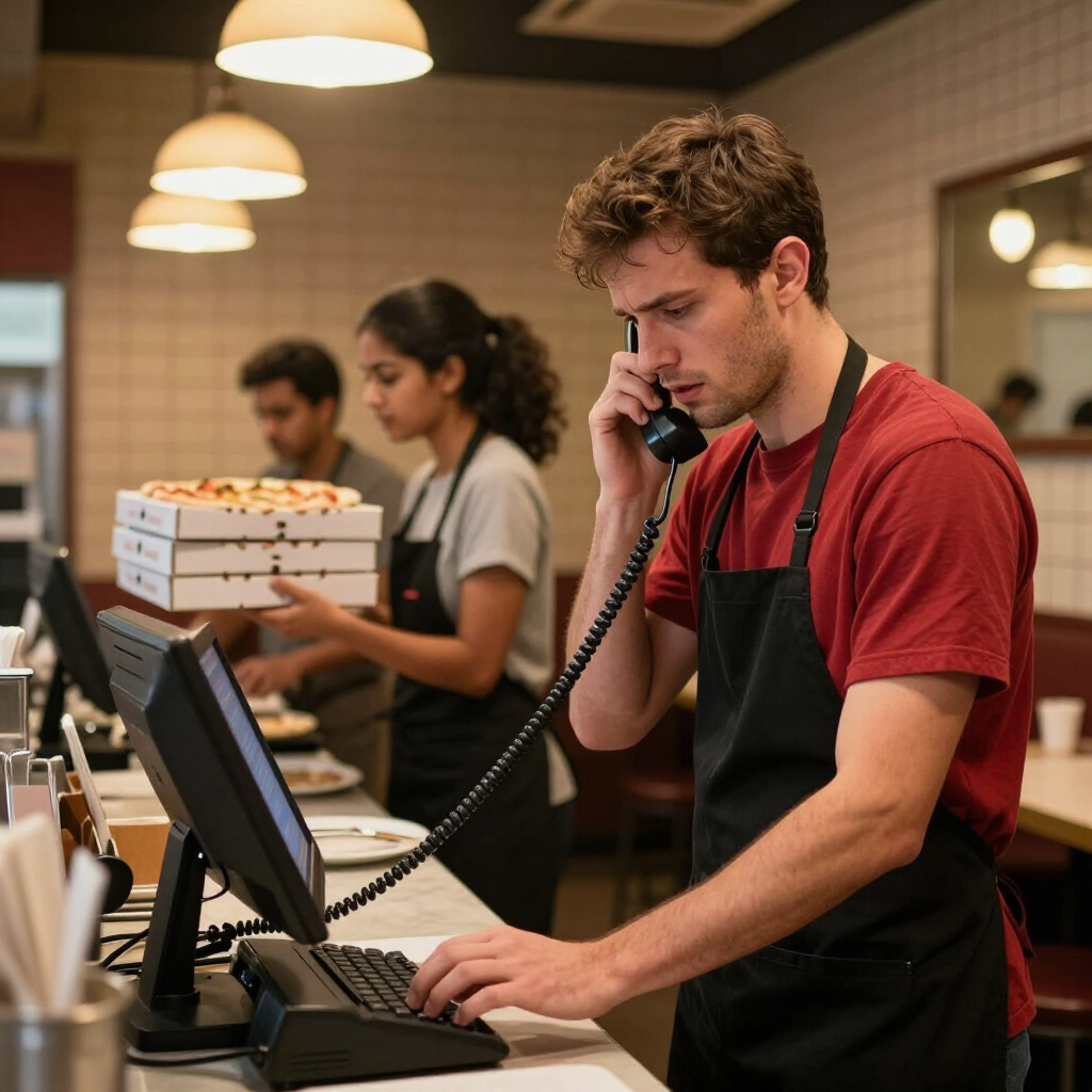 Restaurant employee overwhelmed during lunch rush trying to answer a ringing phone while managing orders at the counter