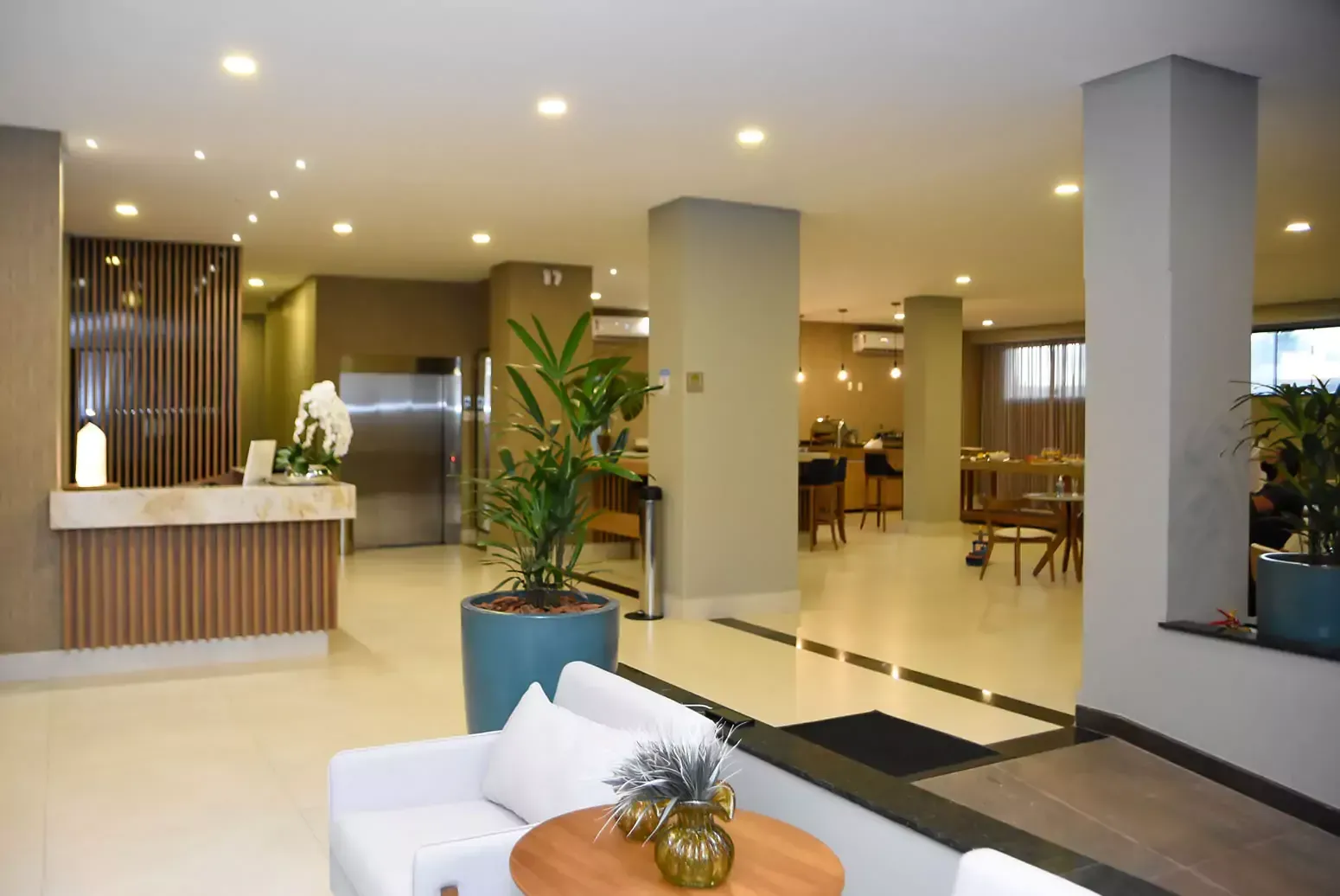 Um lobby com um sofá, mesa e plantas em vasos Hotel Quartzo Cristalina