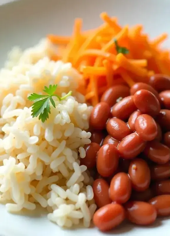 Um prato branco coberto com arroz, feijão e cenoura