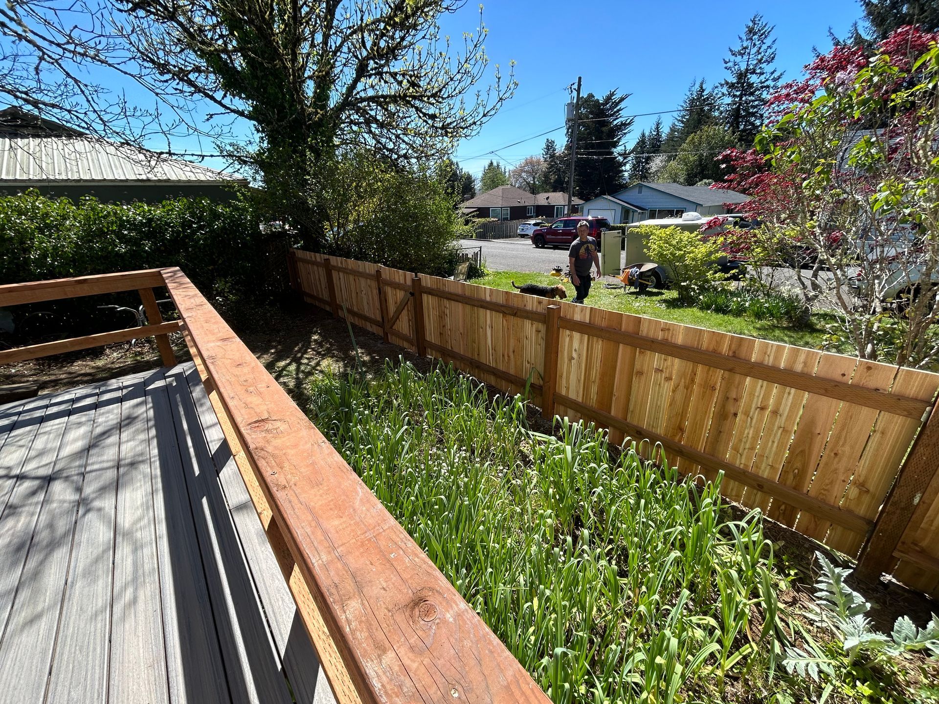 A wooden fence surrounds a lush green yard.