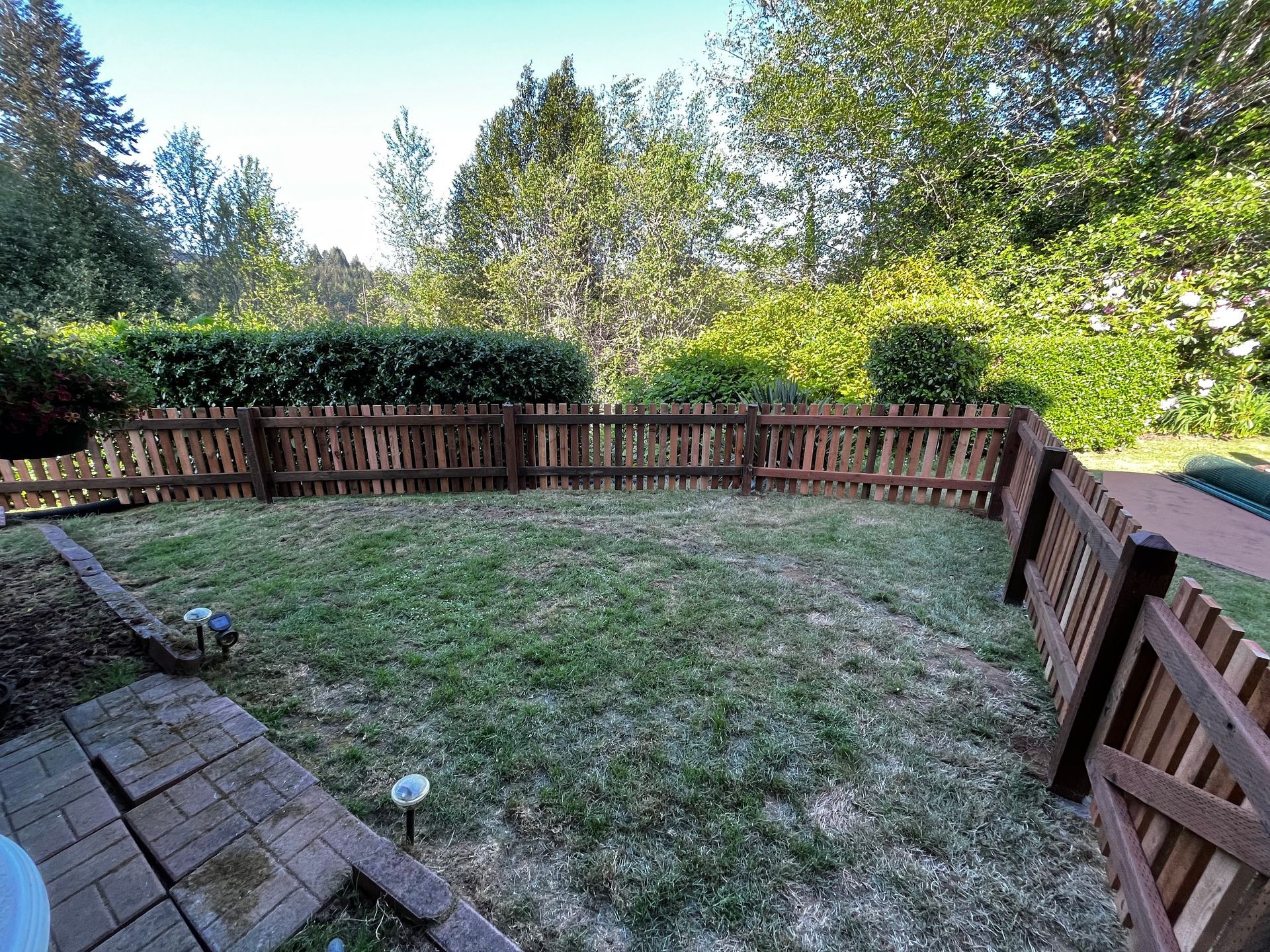 A wooden fence surrounds a lush green lawn in a backyard.