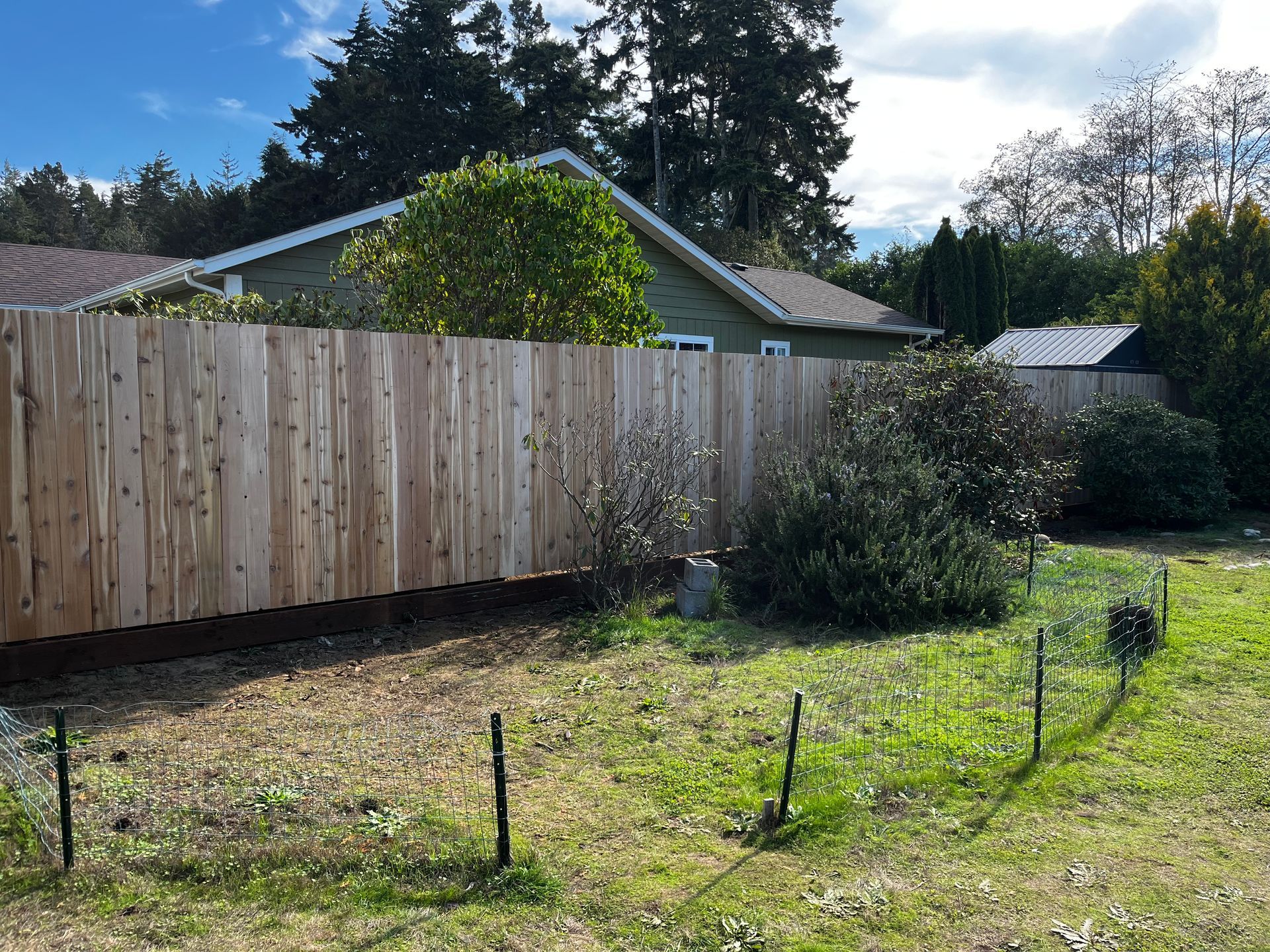 A wooden fence surrounds a grassy yard in front of a house.