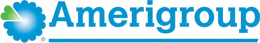 a logo for amerigroup with a blue flower in the middle