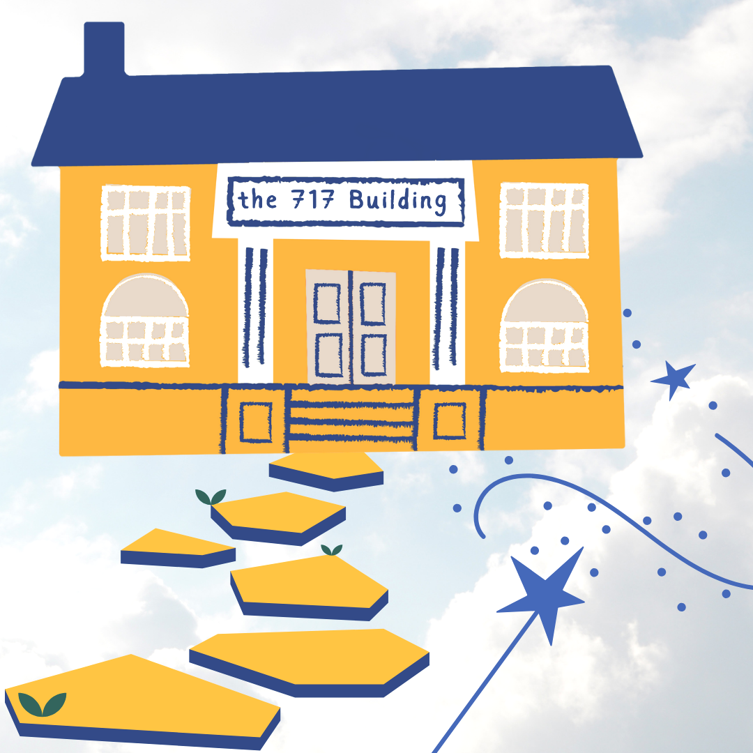 A cartoon drawing of a yellow building called the 717 building