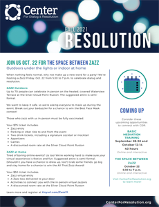 a flyer for thecenter for dialog and resolution says join us oct 22 for the space between jazz