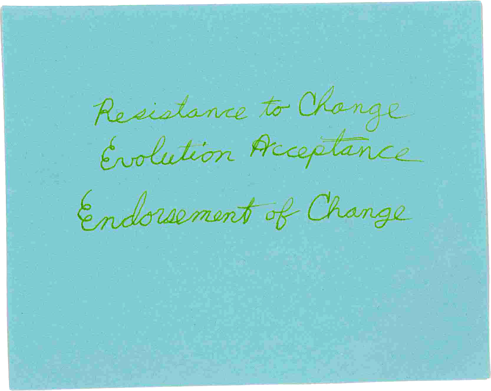 A piece of paper that says resistance to change evolution acceptance endorsement of change