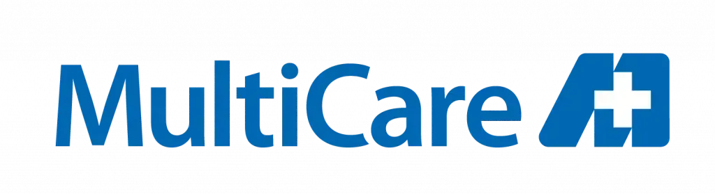 a blue multicare logo on a white background