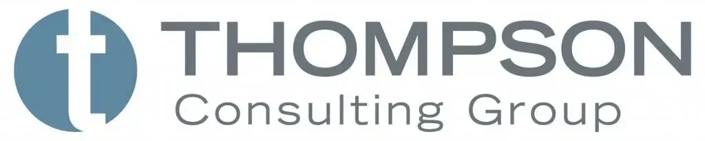 the logo for thompson consulting group is blue and white