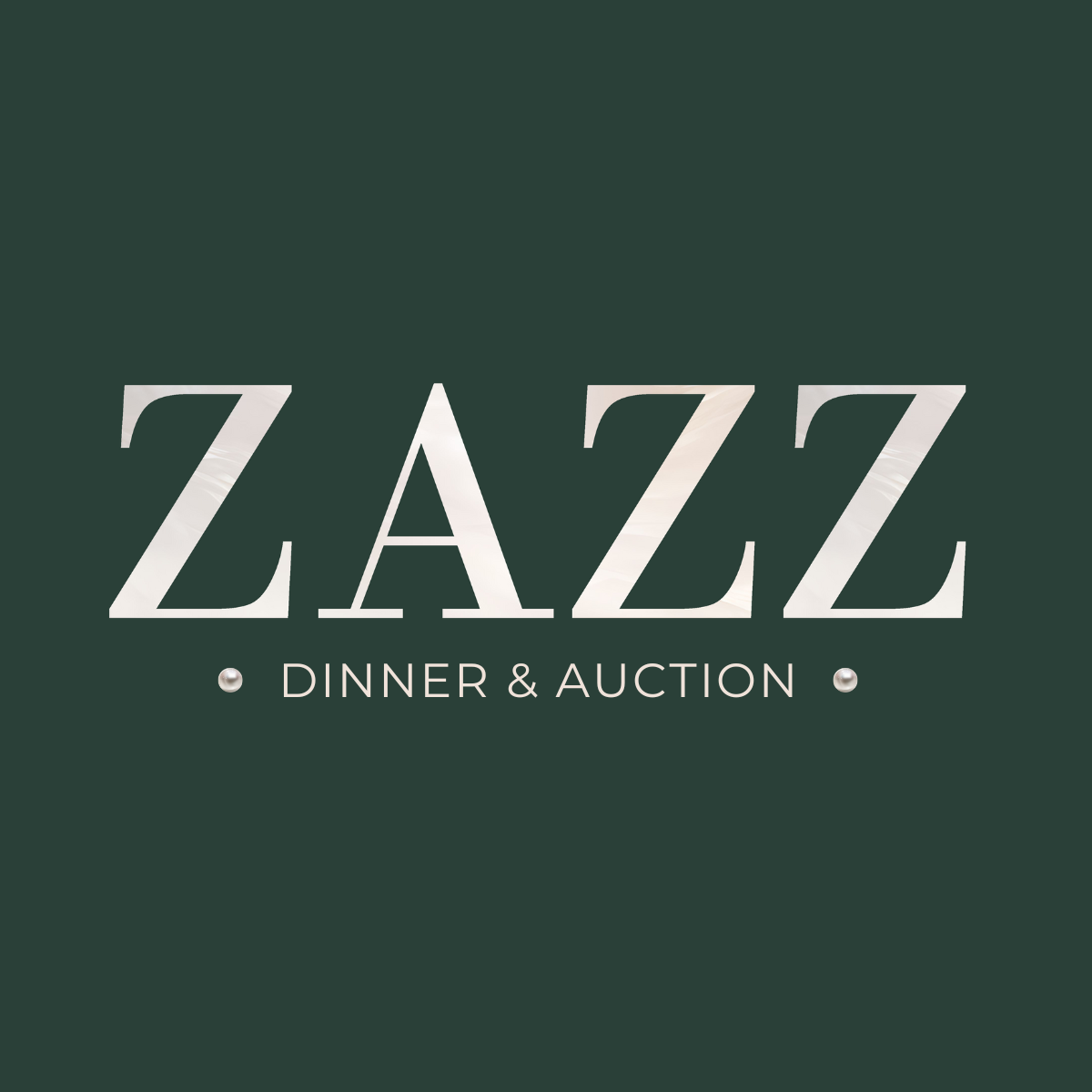 The logo for zazz dinner and auction is on a dark green background.