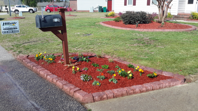 Mailbox in a red-mulched flower bed with yellow flowers and a brick border, in front of a house.