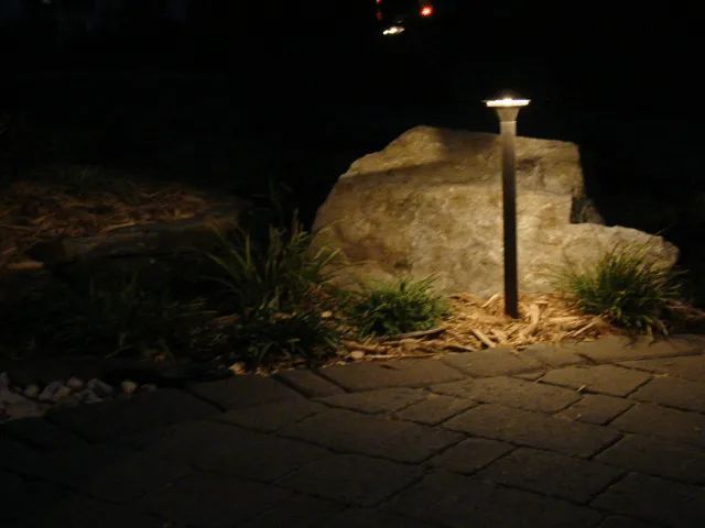 Landscape lighting illuminating a large rock and surrounding foliage at night.