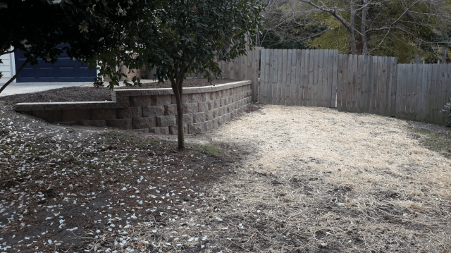 Retaining wall of stone blocks next to a bare yard and wooden fence, with a tree in between.